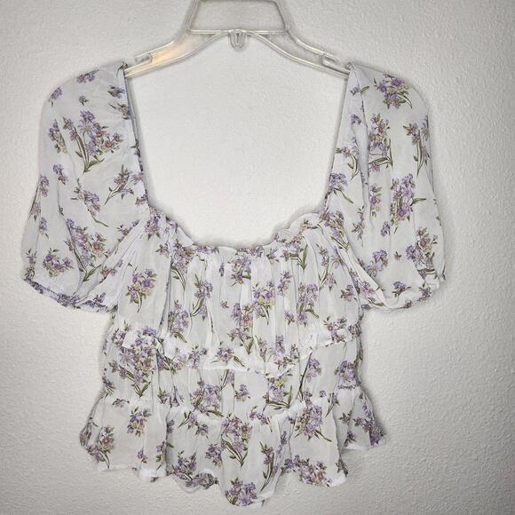 Lumière L White Floral Puff Sleeve Peplum Blouse Romantic Cottage Top - Picture 3 of 6